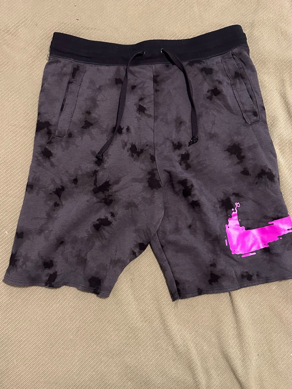 Nike Black and Charcoal Tie-Dye Sweatshorts with Pink Swoosh